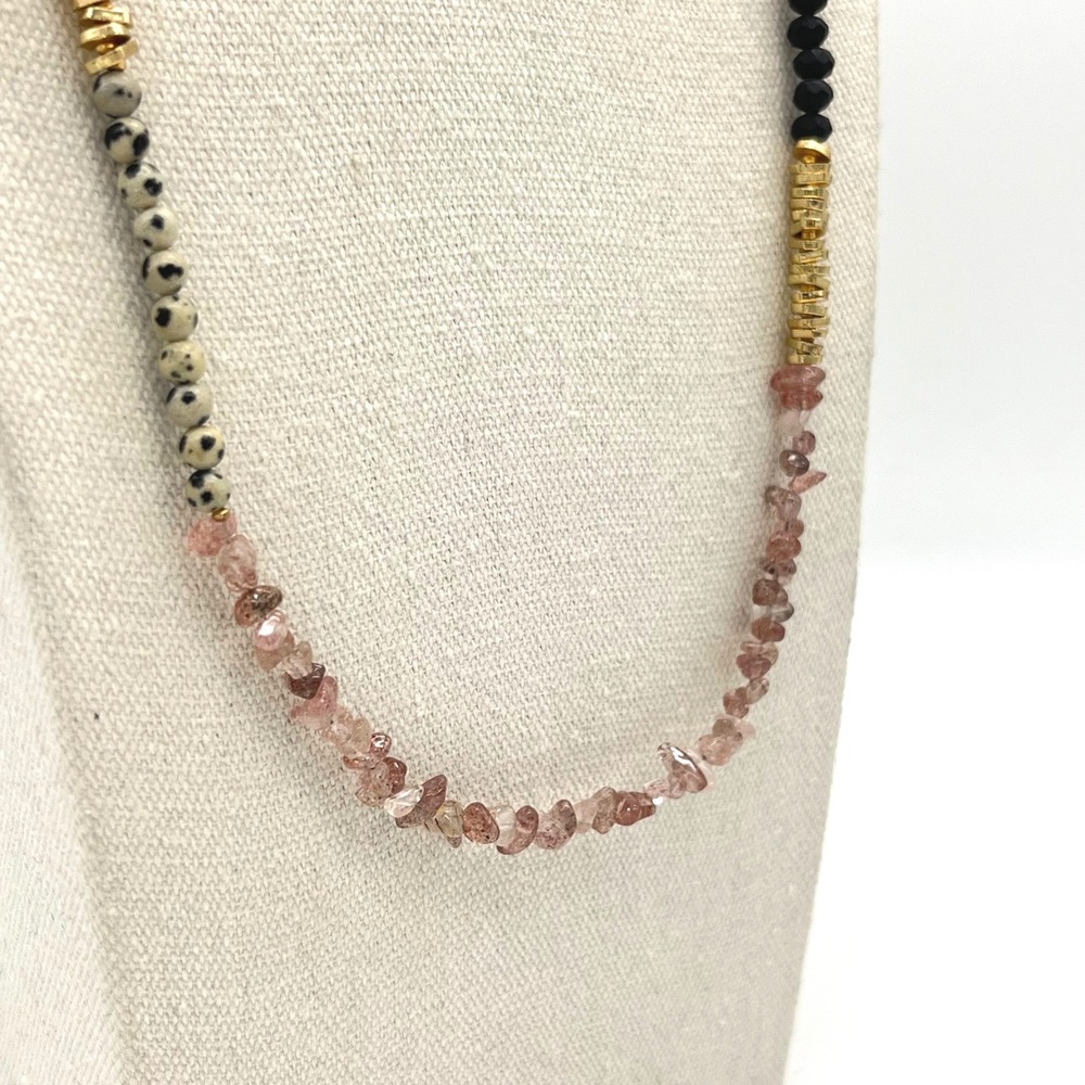 Mixed Stone Glass Beaded Long Necklace Gold Tone Accents Adjustable Cord